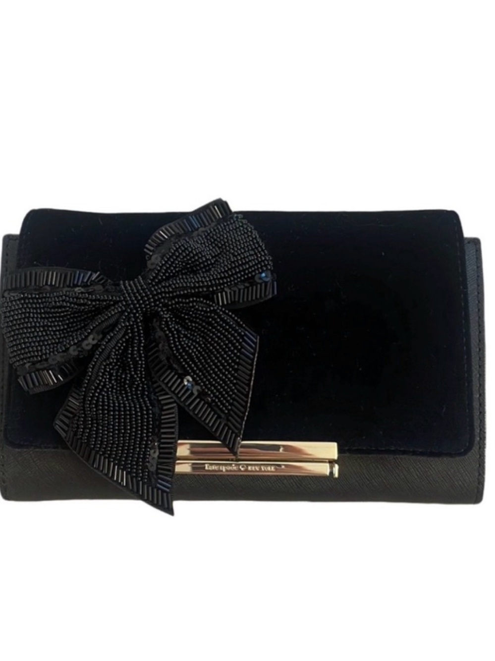 kate spade Black Velvet Bow Crossbody Bag with Gold Bar Accent